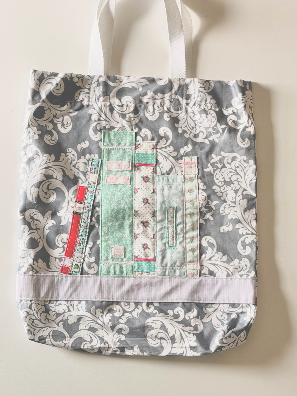 Gray Damask Tote Bag with Mint and Red Book Appliqué
